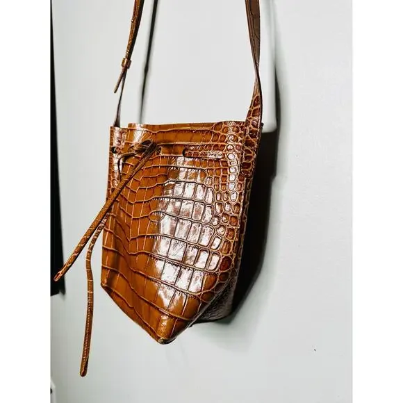 MANSUR GAVRIEL Brown Crocodile Embossed Drawstring Mini Bucket Bag Purse - Picture 3 of 14